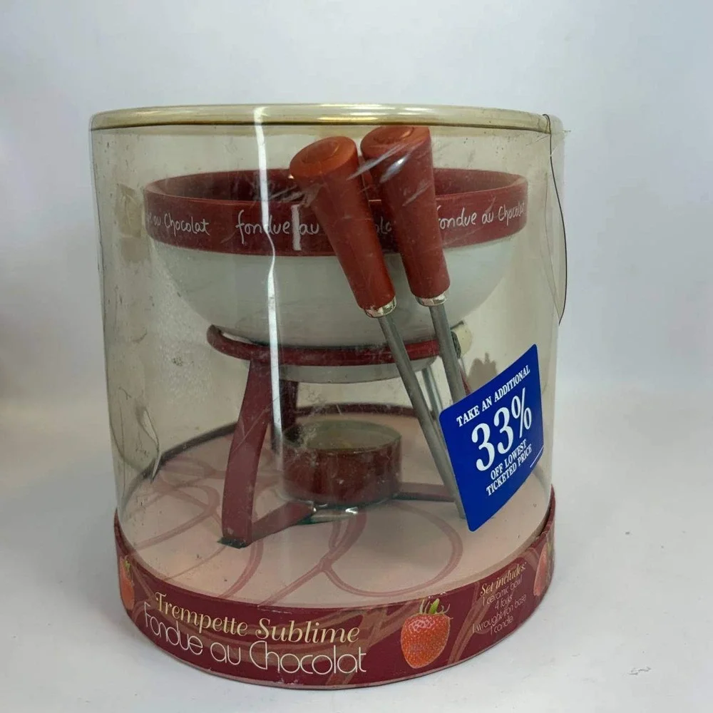 Joie MSC Dipping Desire Chocolate Fondue Set Ceramic Bowl 4 Forks Red White